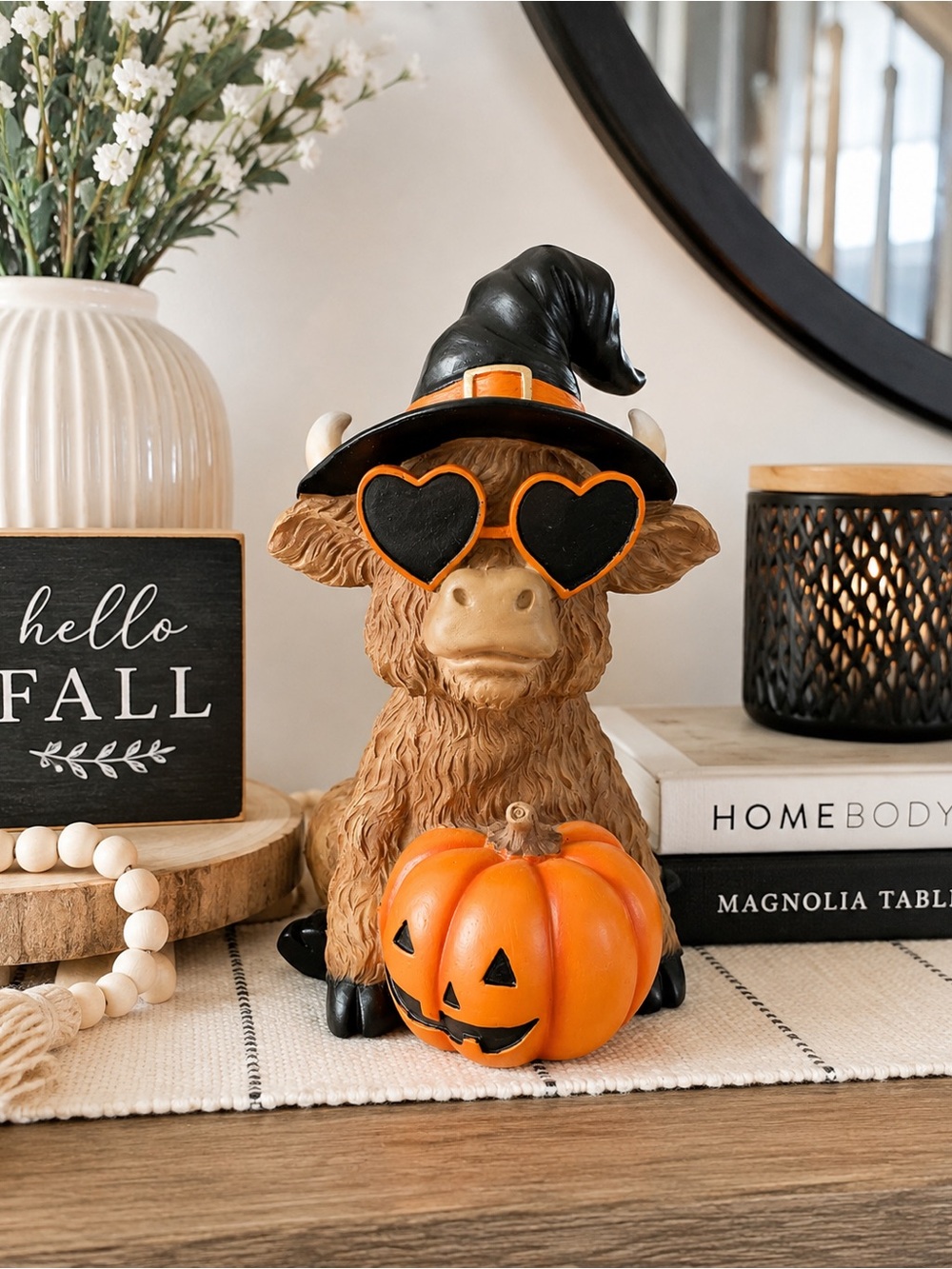 Halloween Highland Cow Witch Figurine Heart Sunglasses Pumpkin Fall Decor